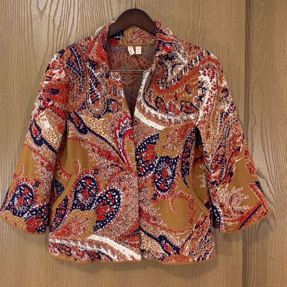 Anthropologie MOTH Womens Open Front Jacket Orange Paisley Stretch Pocket